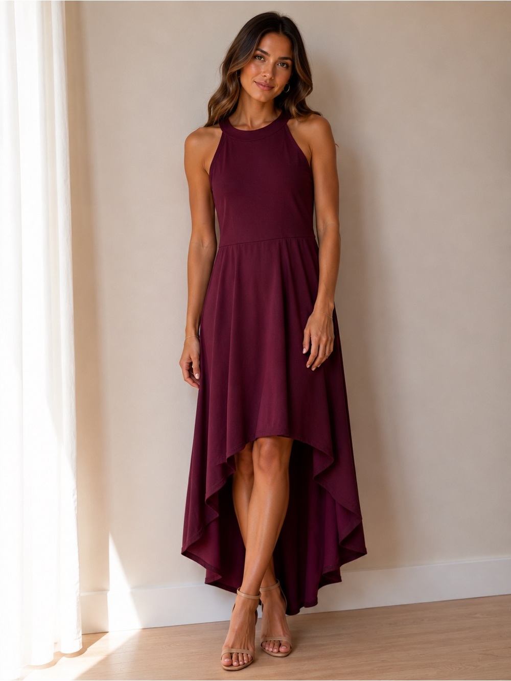 NWT Dressystar Burgundy High Neck Halter High-Low Dress - Size Large